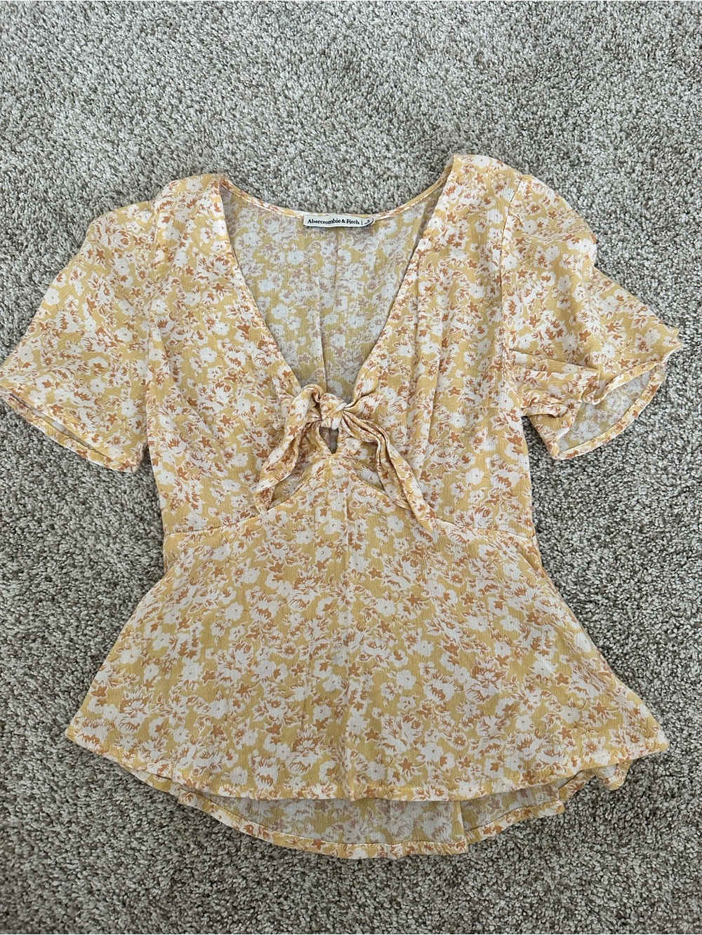 Abercrombie & Fitch Yellow Floral Tie-Front Peplum Blouse